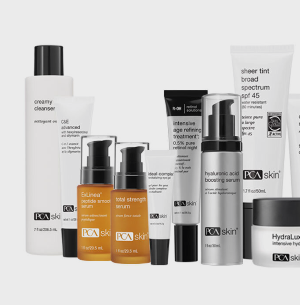 A variety of skincare products including a sheer tint broad spectrum spf 45