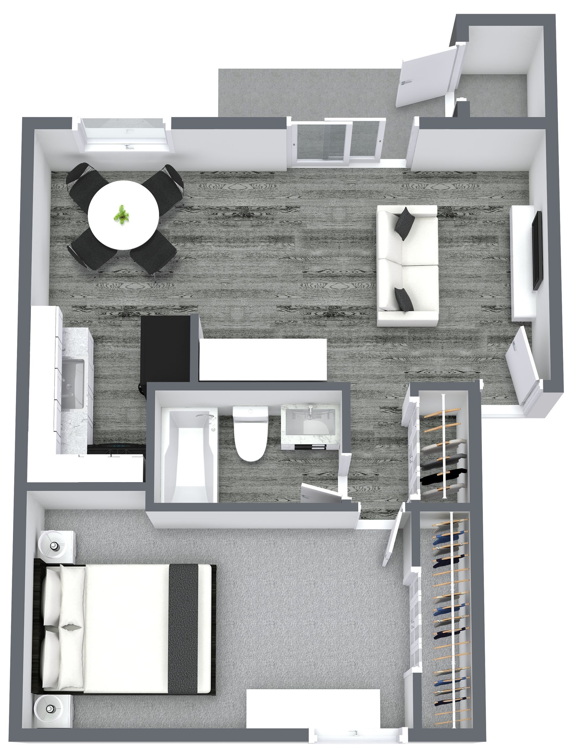 Floor plan of a one-bedroom apartment; shows bedroom, kitchen, living room, and small outdoor seating area.
