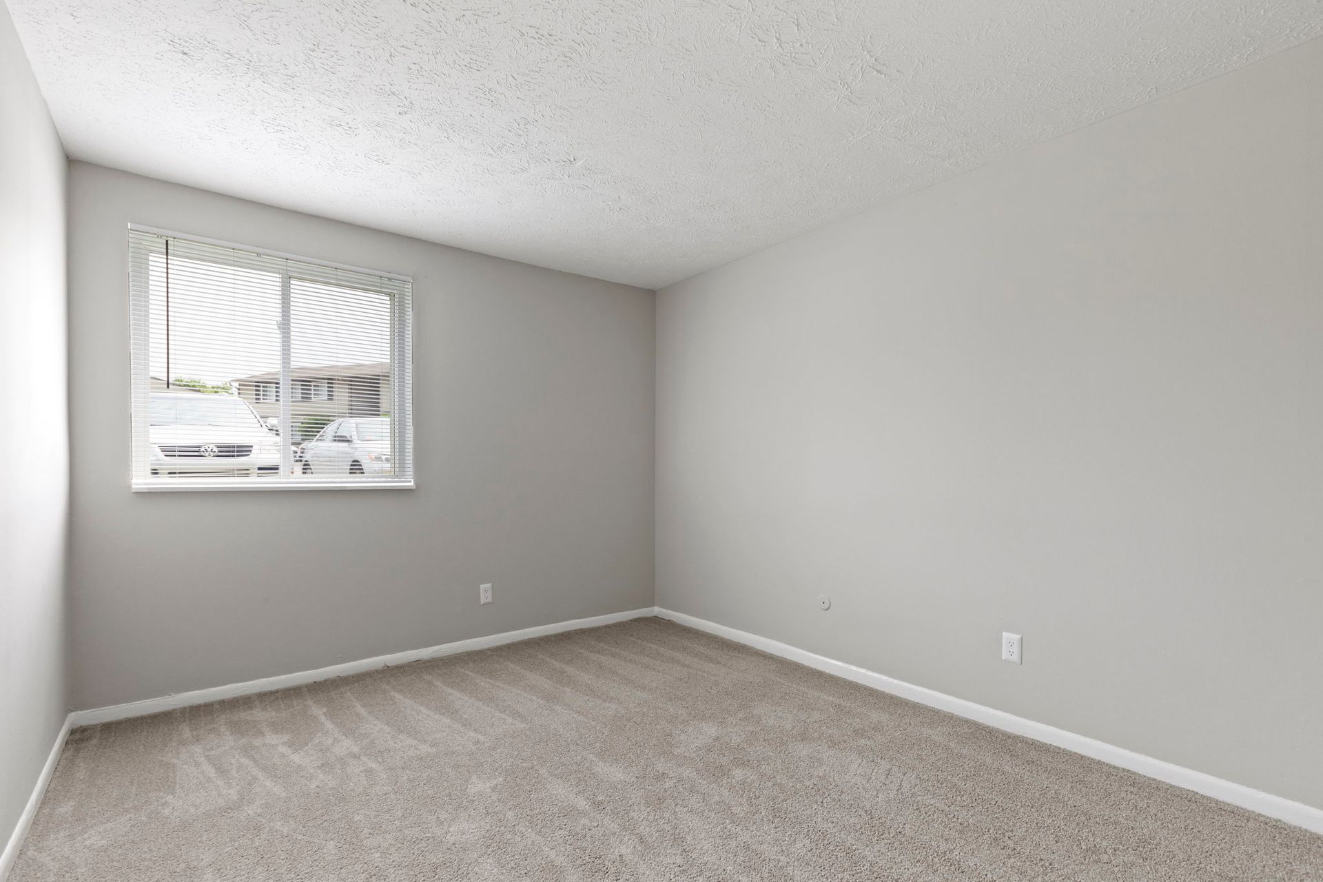 Empty bedroom with carpet, a window with blinds, and gray walls.