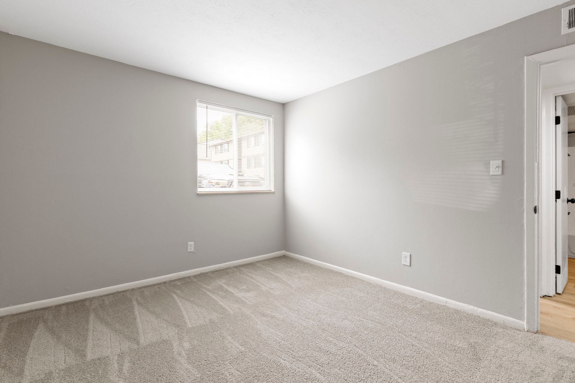 Empty room with gray walls, window, and beige carpet.