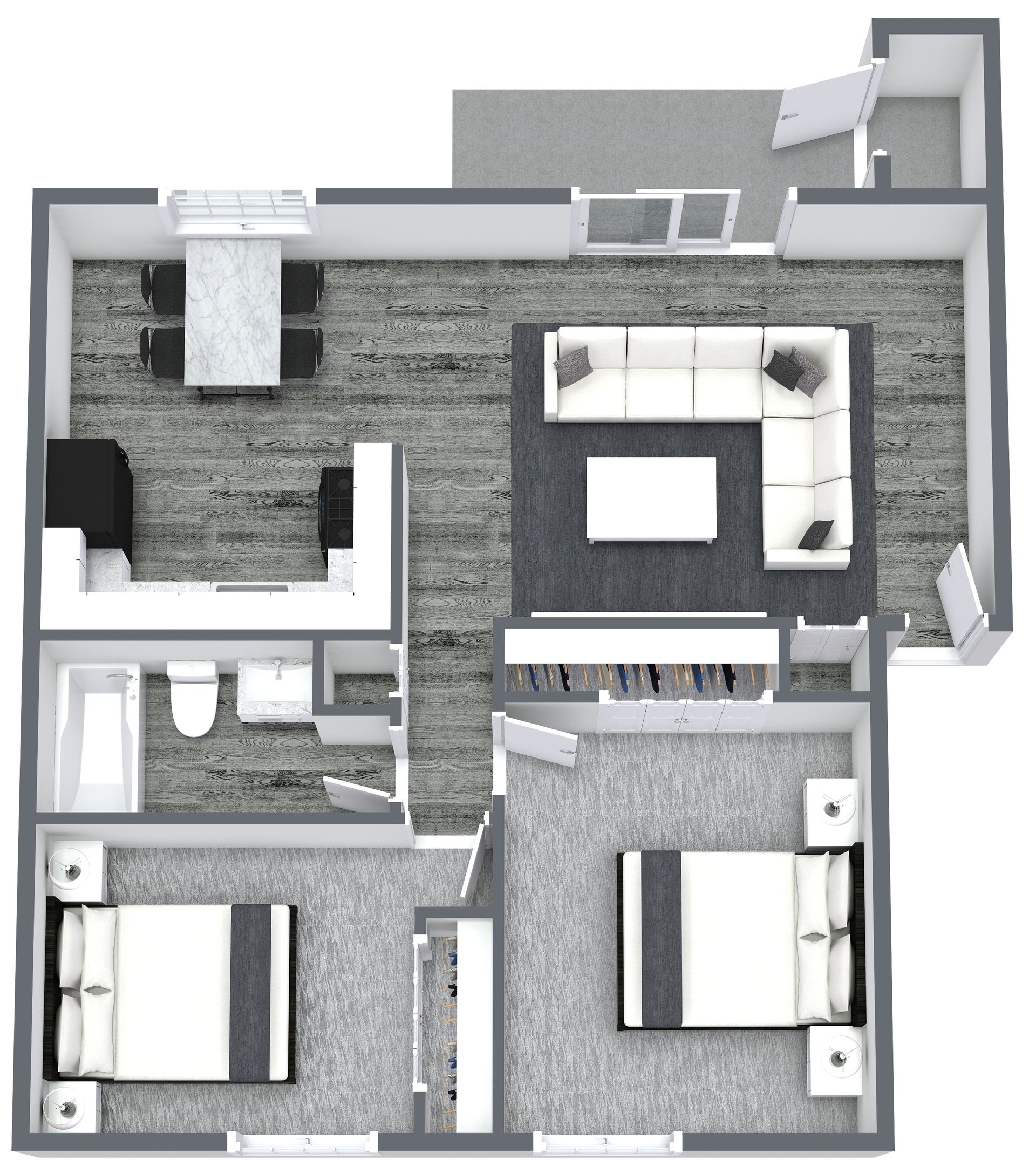 Floor plan of a two-bedroom apartment with furniture and a balcony.