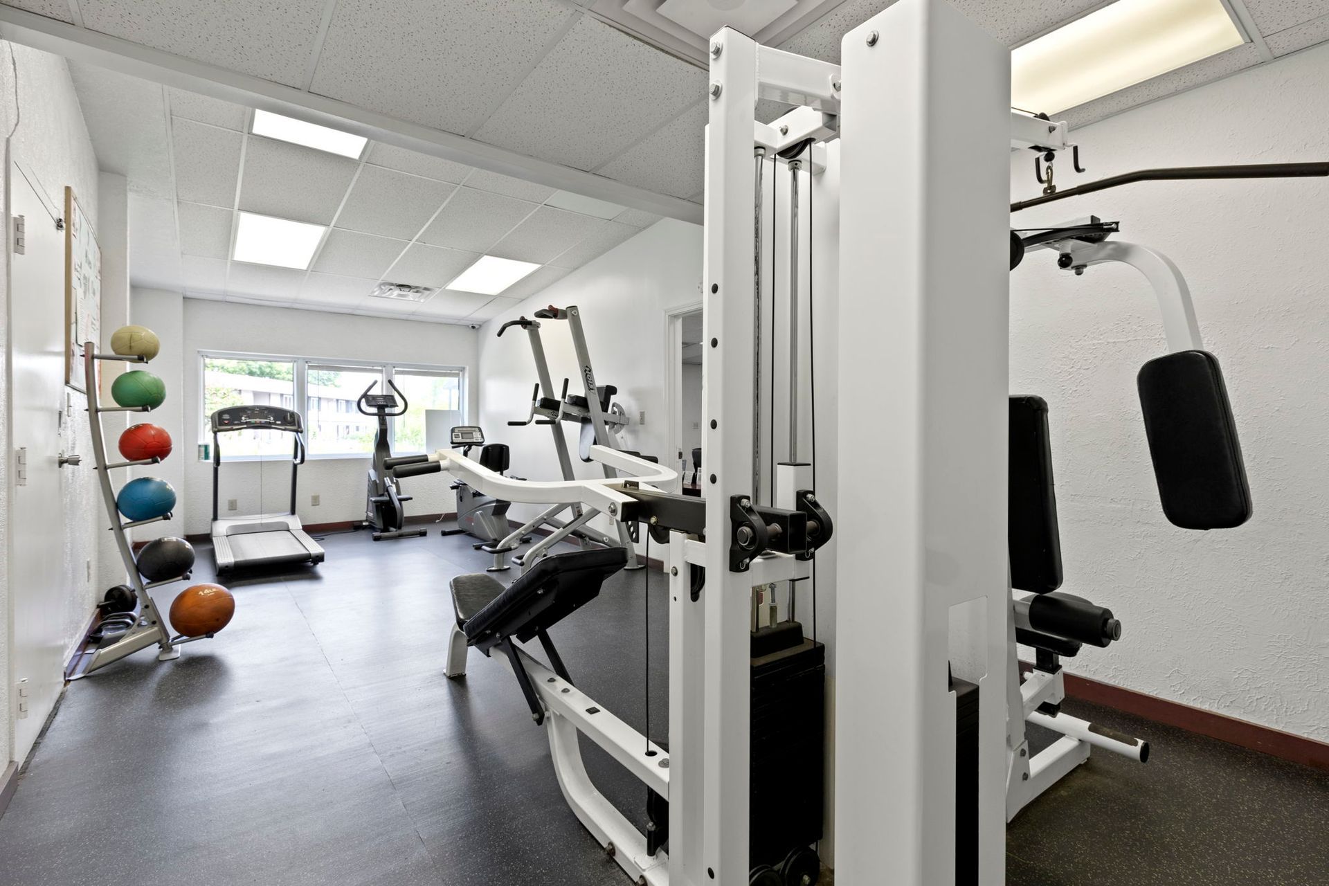 A gym with weight machines, exercise balls, and cardio equipment; white and black.