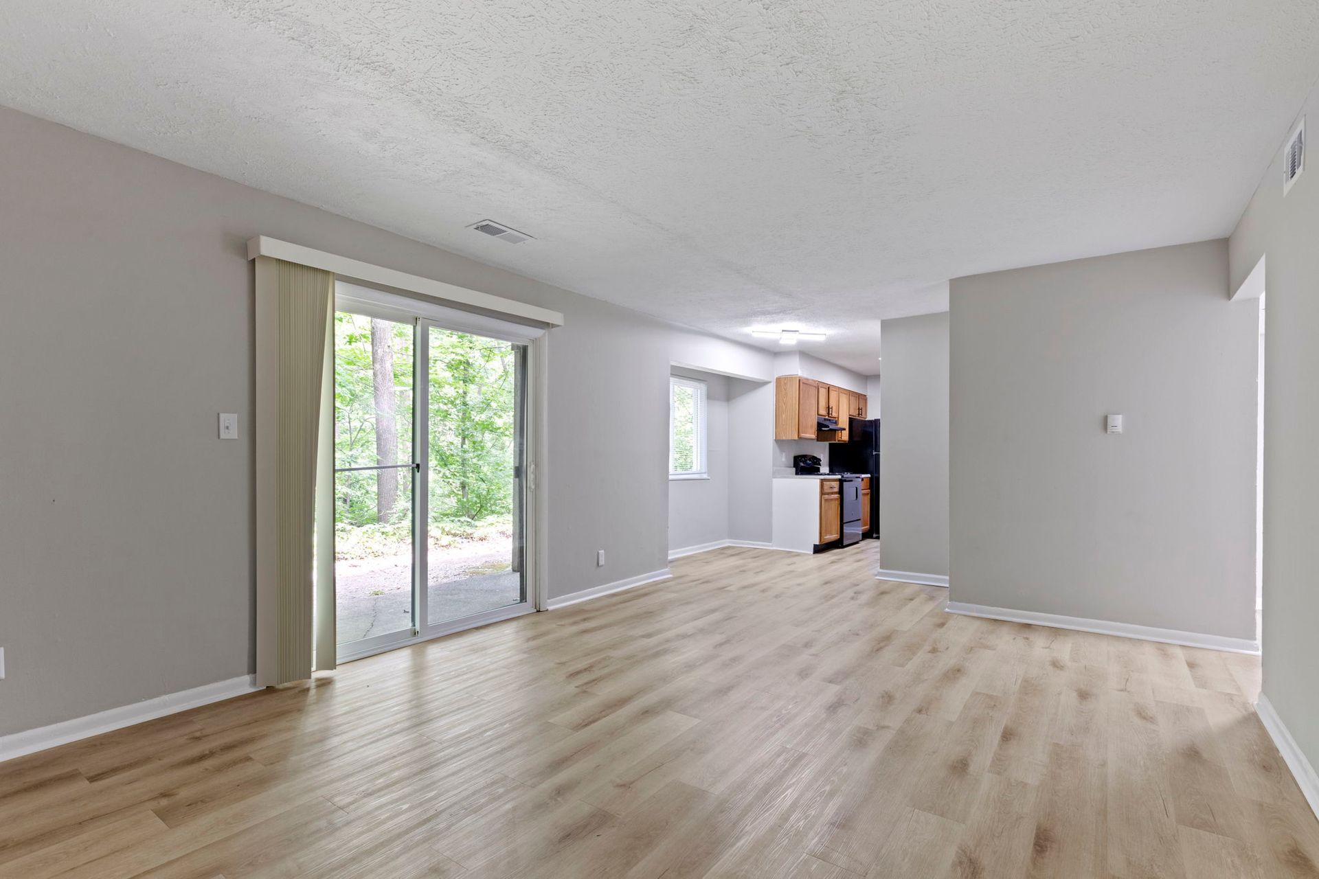Empty living space with light wood floors, gray walls, and a sliding glass door leading to greenery.
