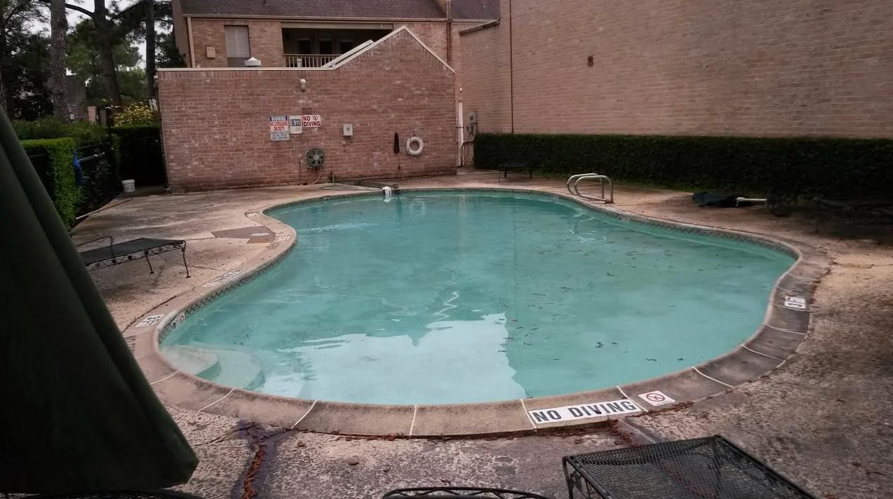 A large swimming pool is surrounded by chairs and umbrellas.