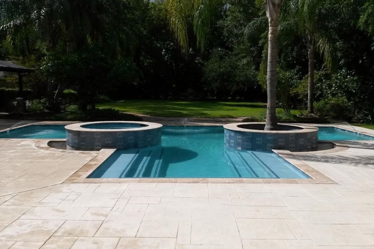 A large swimming pool with a palm tree in the middle