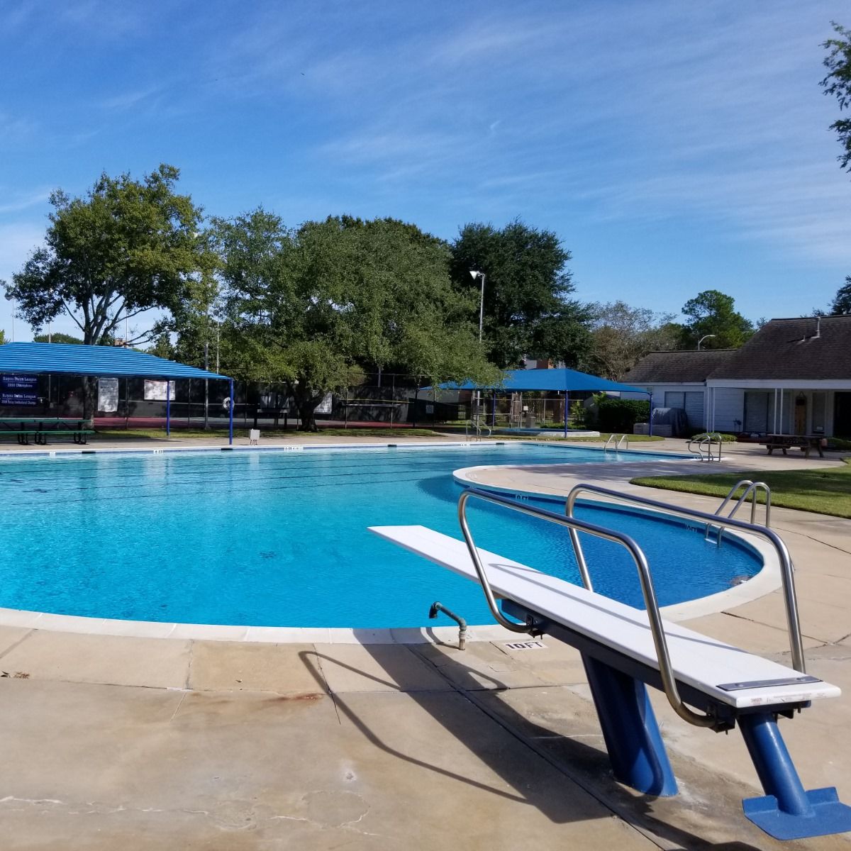 A swimming pool with a diving board in front of it