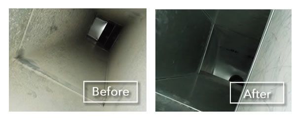 A before and after picture of a duct being cleaned.