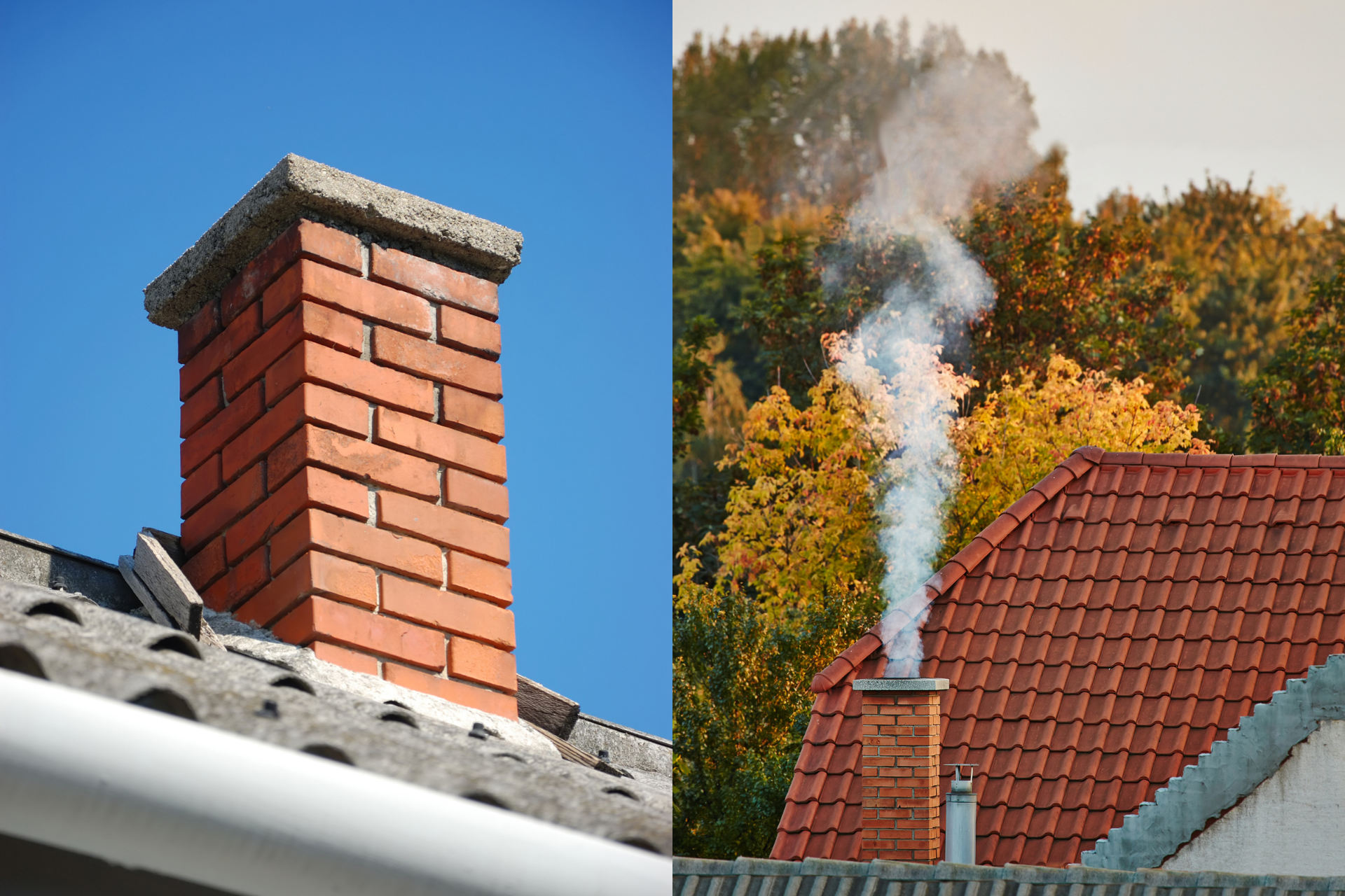 Two images of brick chimneys that were repaired by ACE and are now functioning properly. One has smoke coming out of it.