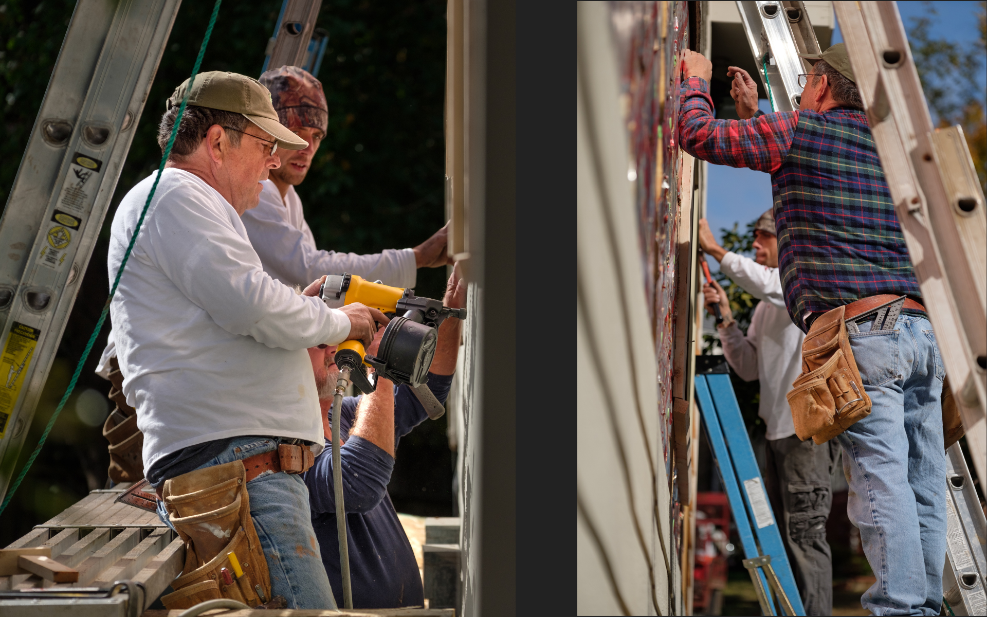 Ace workers working diligently at installing siding on residential properties