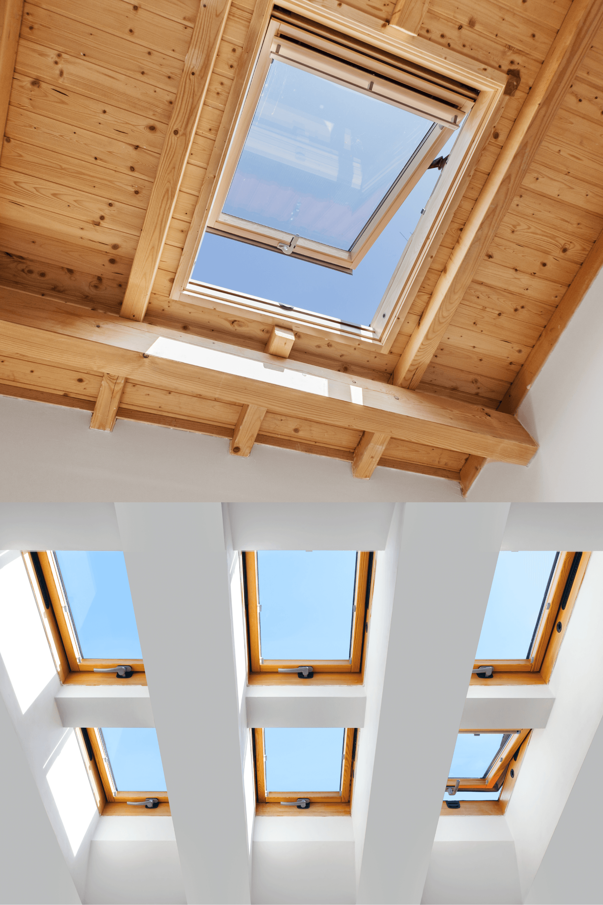 interior view of a skylight window installed in a wooden ceiling AND interior view of 6 skylights installed on a  slanted ceiling