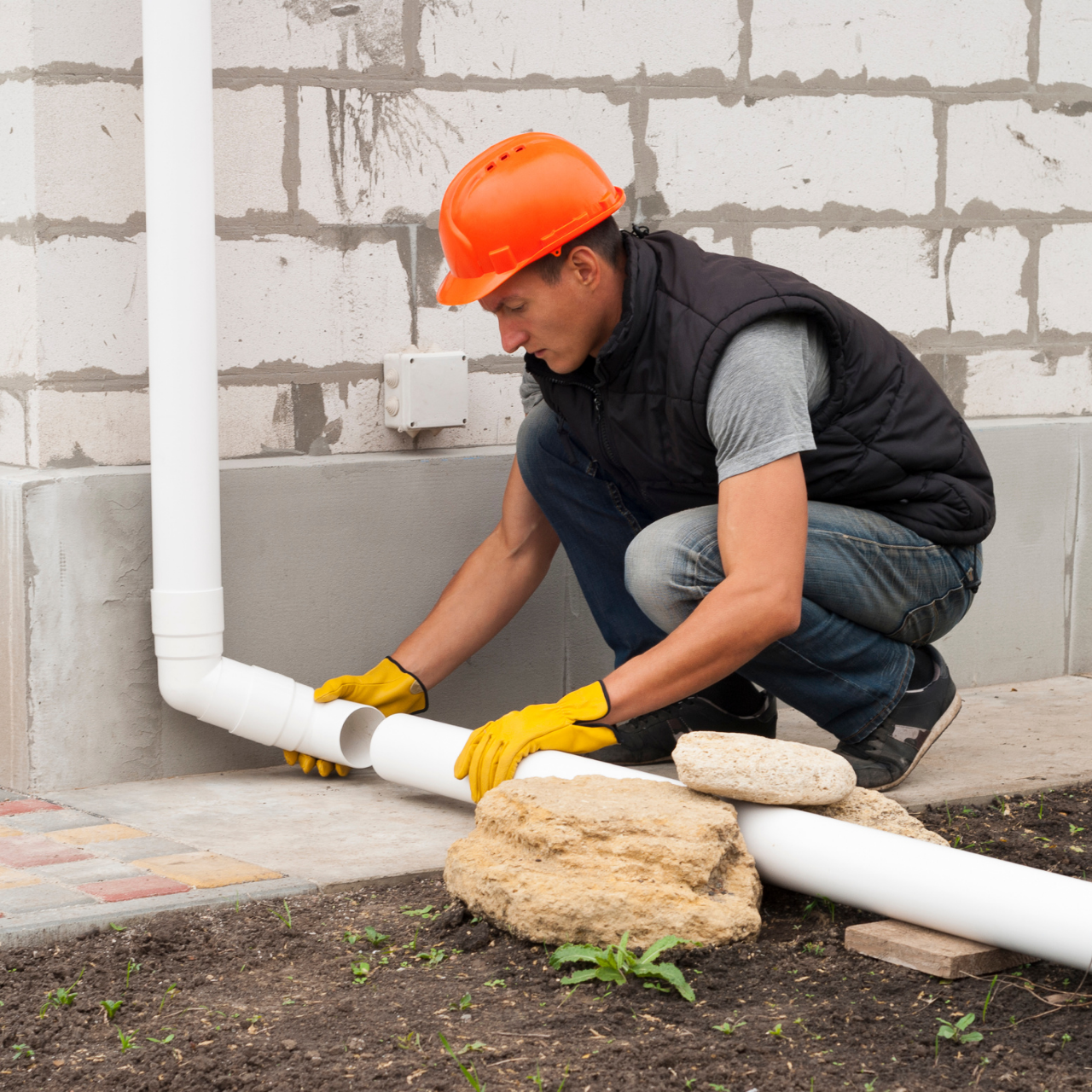 A man wearing an orange hard hat is working on a pipe