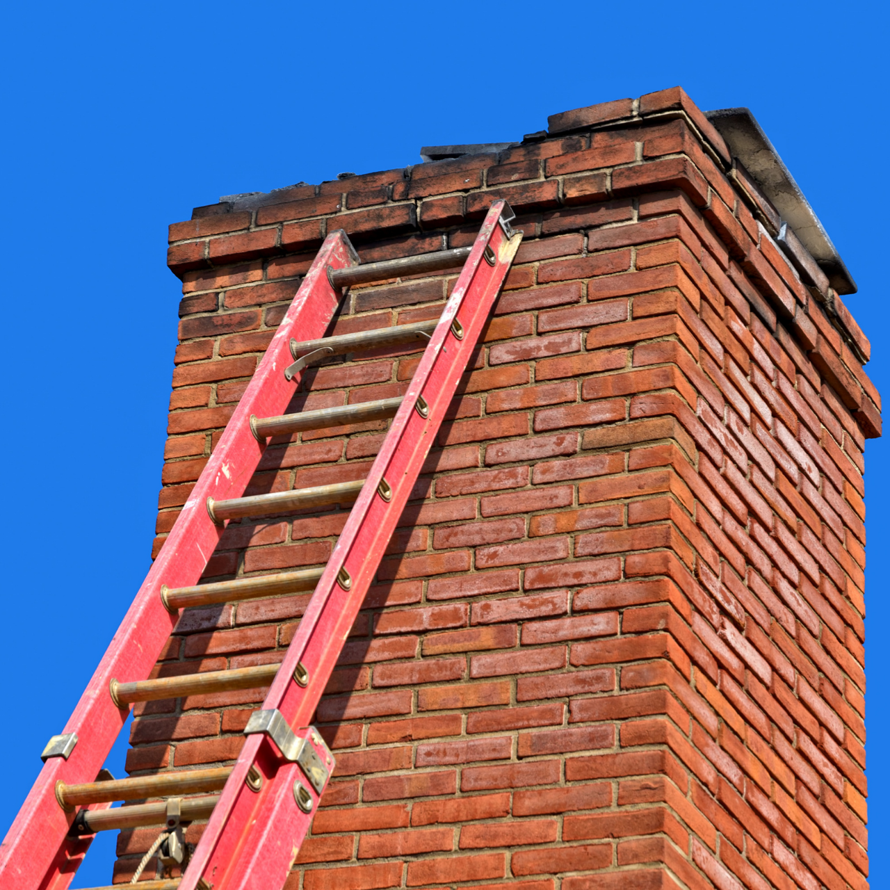 A red ladder is leaning against a brick chimney