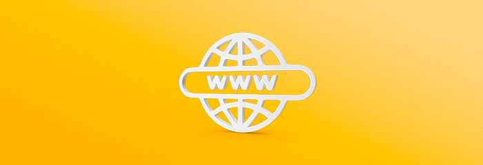 Um globo branco com as letras 'www' escritas dentro dele sobre um fundo amarelo.