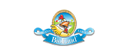 Um logotipo para uma empresa chamada bioland com uma galinha nele.