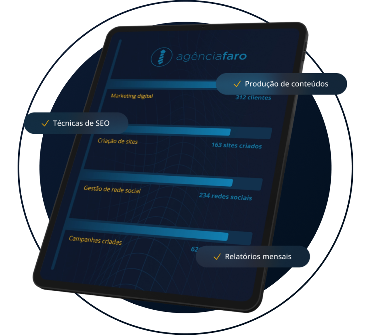 Um tablet com tela azul está em um círculo.