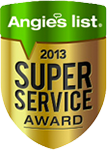 A gold shield with the words `` angie 's list 2013 super service award '' on it.