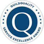 The guild quality service excellence award logo is blue and white.