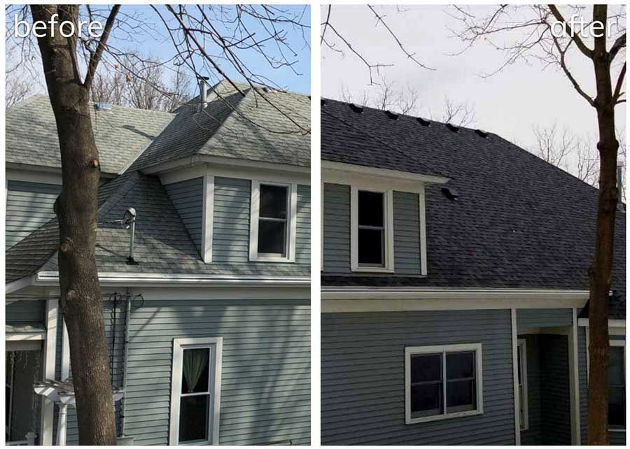 A before and after photo of a house with a new roof.