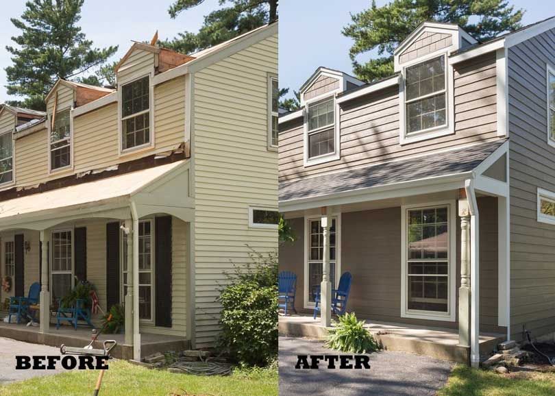 A before and after picture of a house with a porch