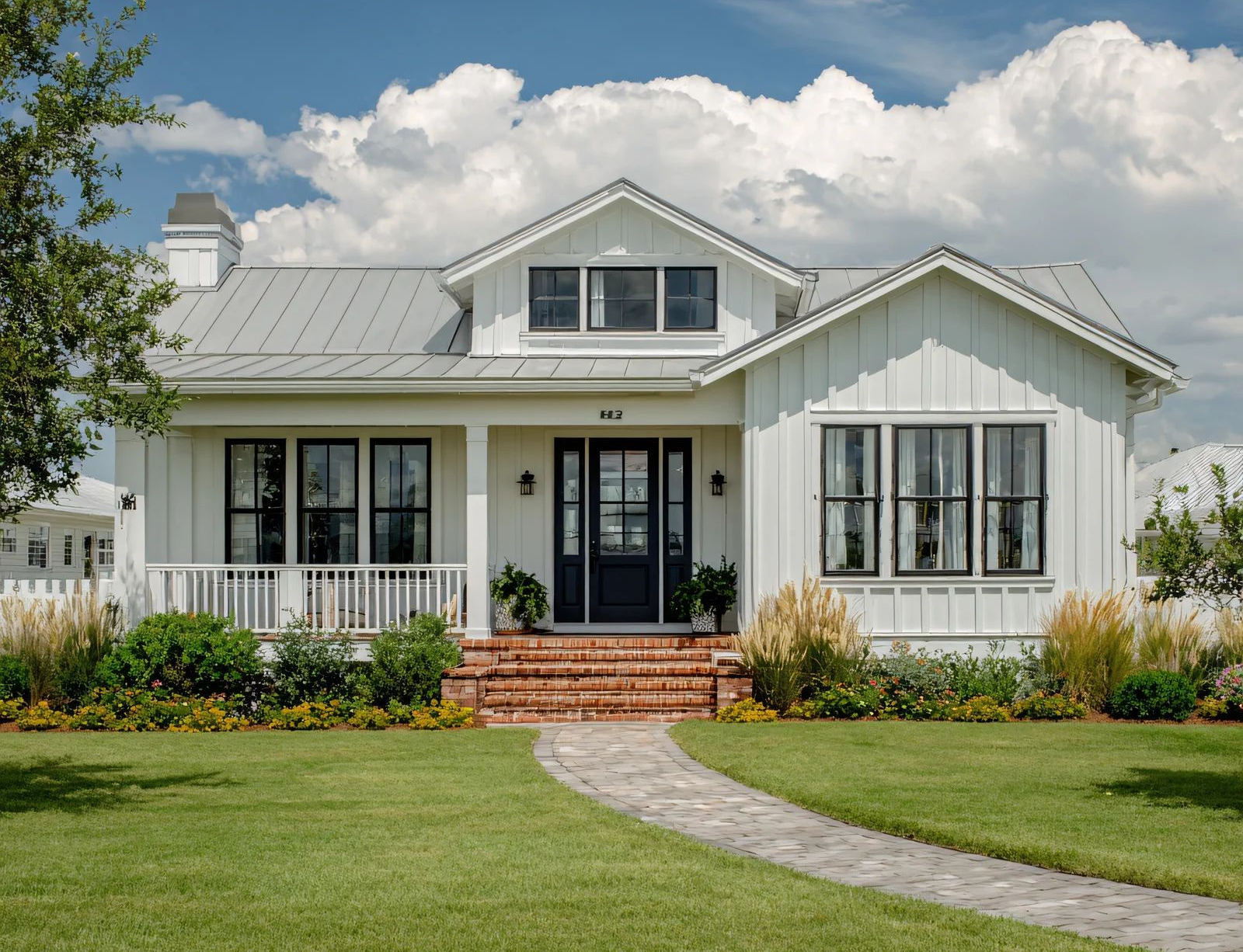White farmhouse with black window frames, porch, and walkway, under a blue sky.
