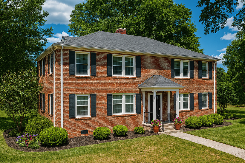 A brick house with black shutters and a gray roof is sitting on top of a lush green lawn.