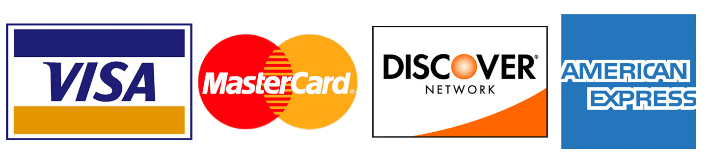 Logos for Visa, Mastercard, Discover, and American Express credit cards.