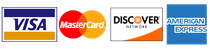 Logos for Visa, Mastercard, Discover, and American Express credit cards.