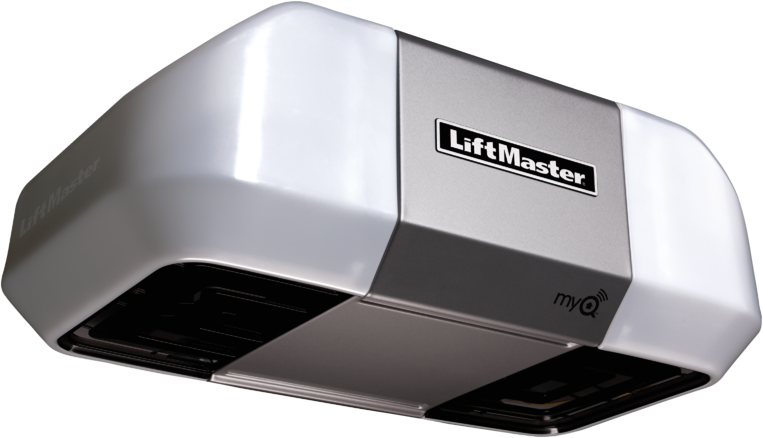LiftMaster garage door opener, white and silver with