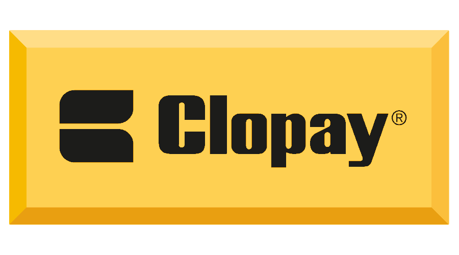 Yellow Clopay logo with a stylized black