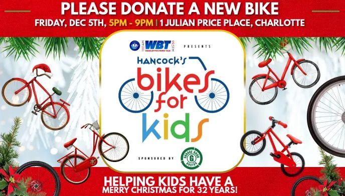Red charity poster for “Bike for Kids” with many red bicycles and donation details.