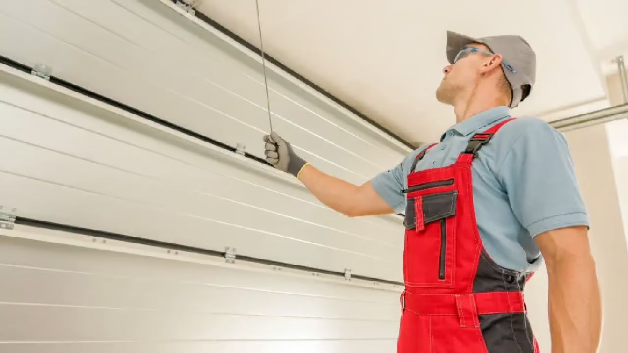 A repairman, in red overalls and gloves, works on a white garage door.