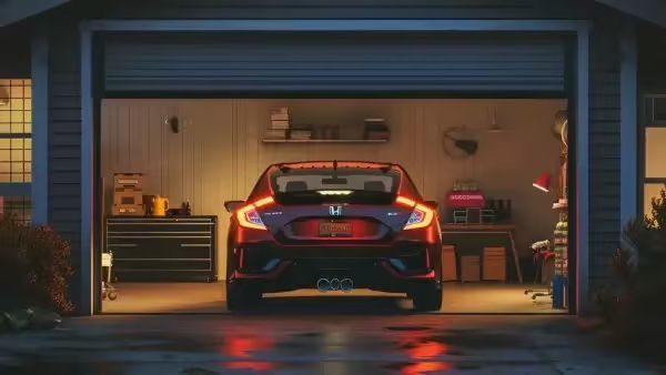 Back of a red car at night in a lit up garage