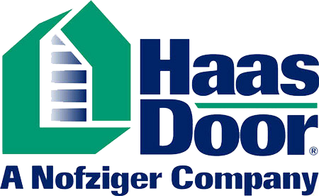 Haas Door logo: Green door shape with blue and white door, Haas Door text,