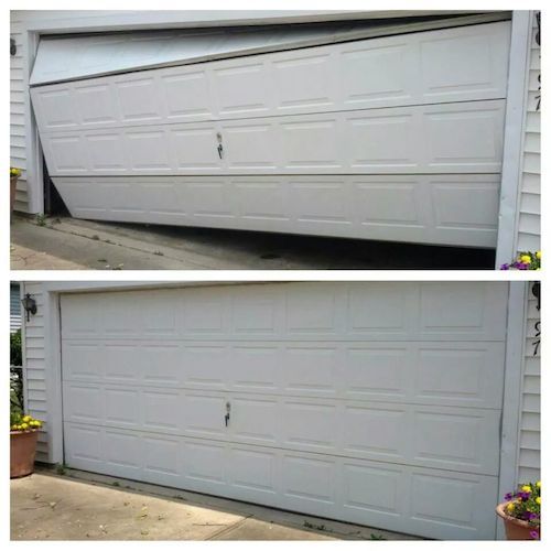 A white garage door, partially open at an angle, then fully closed.