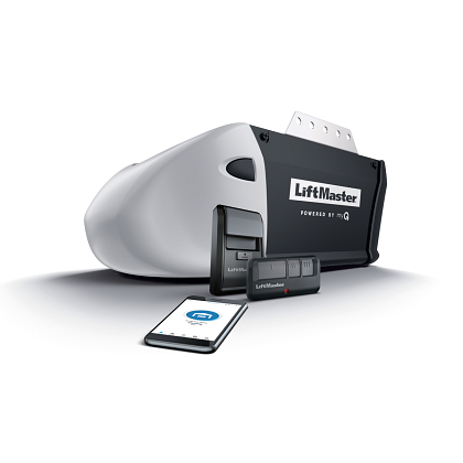 LiftMaster garage door opener with remote, wall button, and phone, all in black and gray.