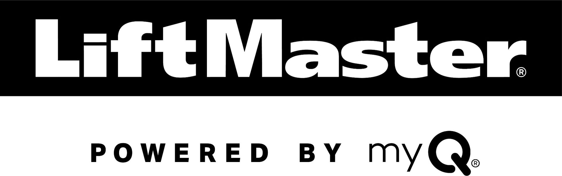 LiftMaster logo, white text on black background,