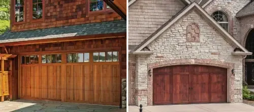 Two wooden garage doors; one is light wood, the other is dark wood, set in stone and wooden exteriors.