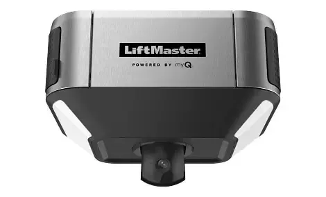 Silver and black LiftMaster garage door opener with integrated lights.