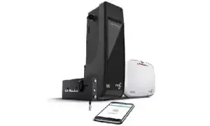 Black 3D printer and white device with a smartphone displaying an interface.