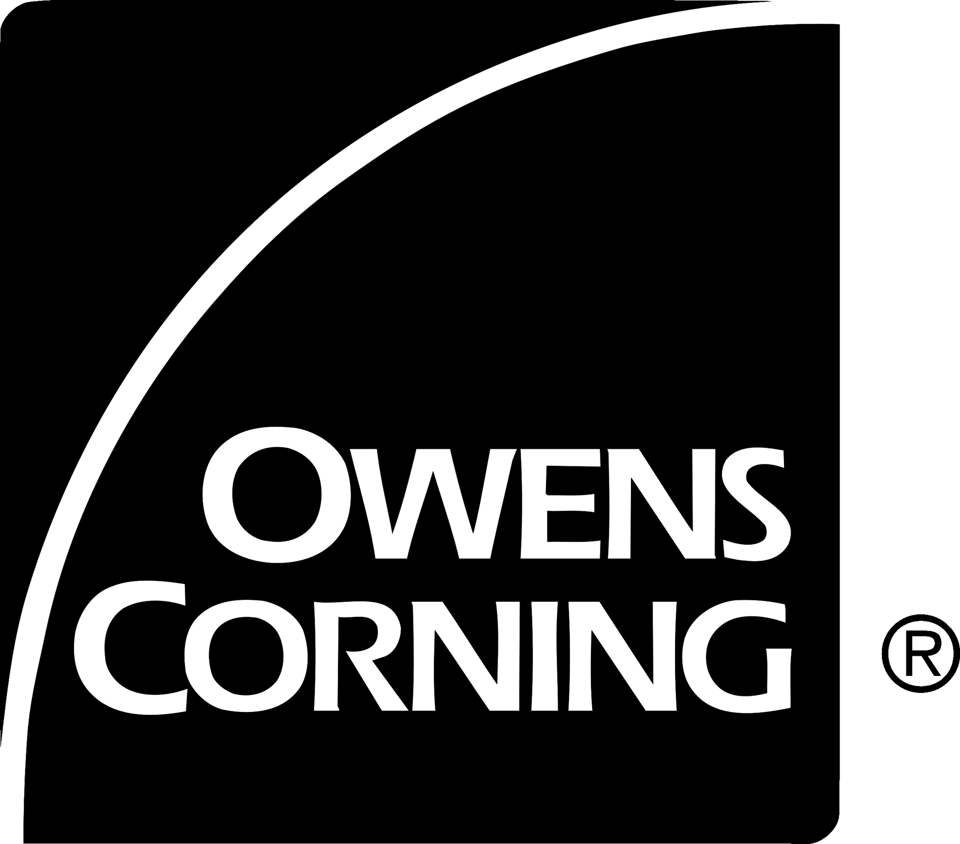 Owens Corning logo: white text and curved arch on a black background; Registered symbol.