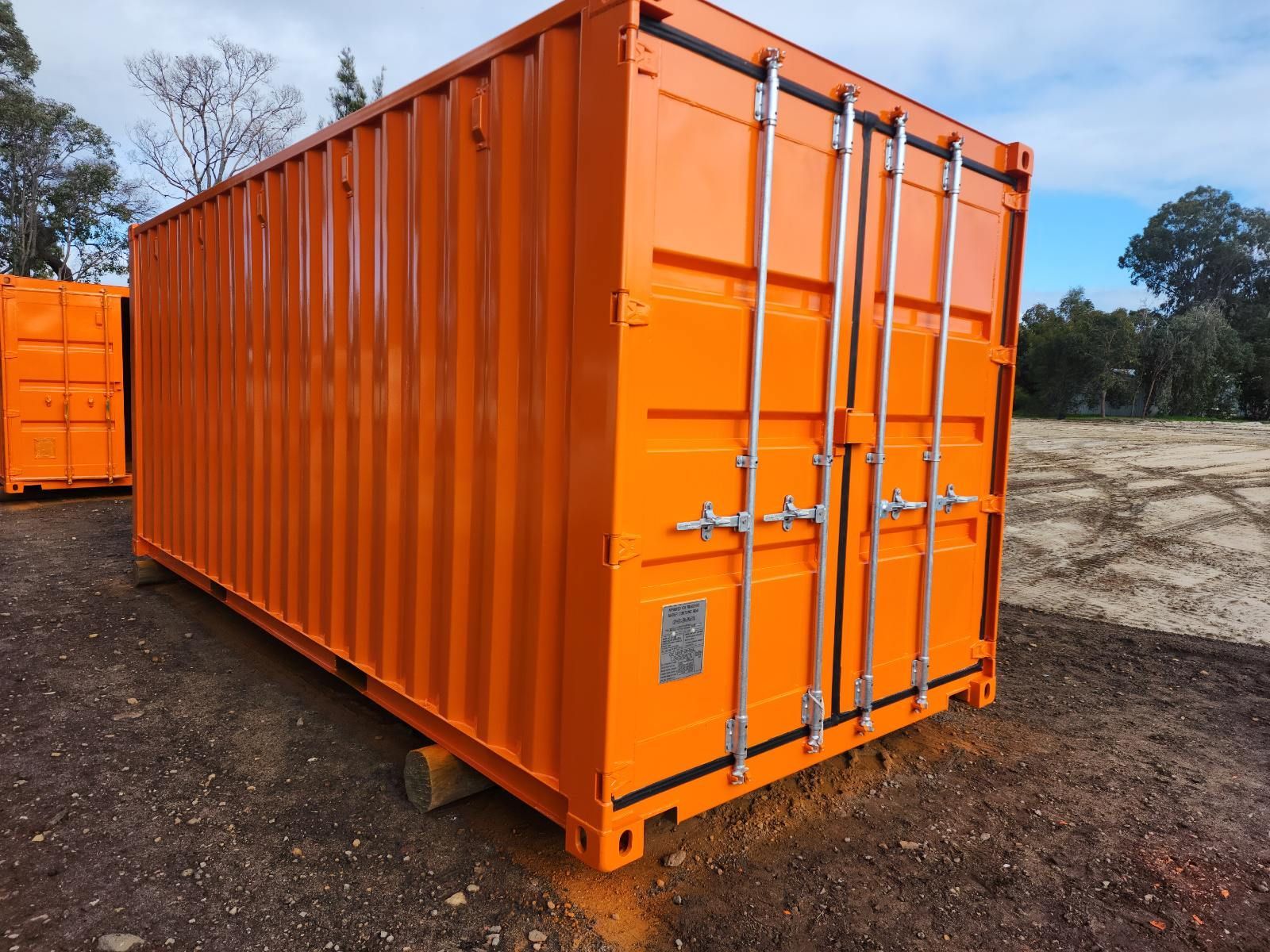 An orange shipping container.