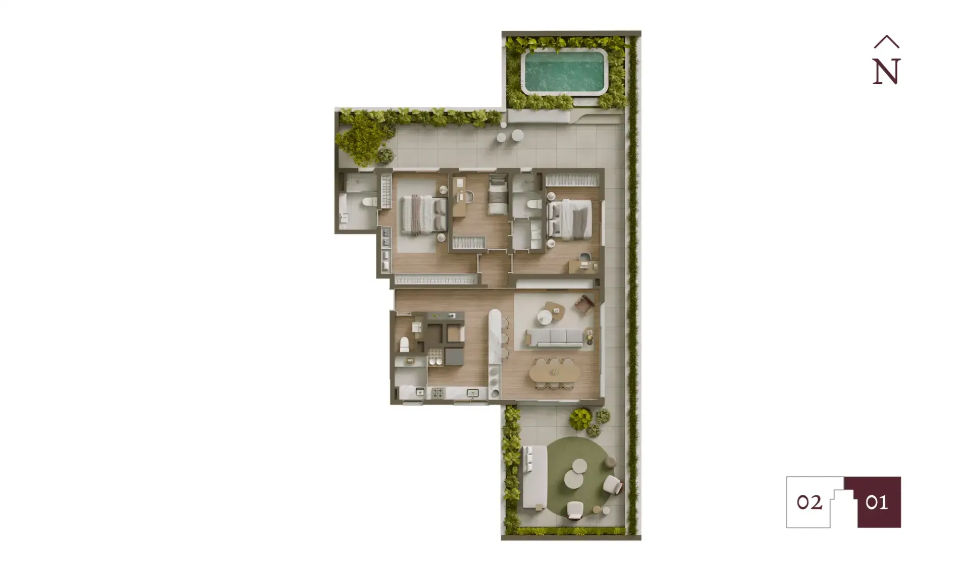 Uma planta baixa de uma casa com piscina