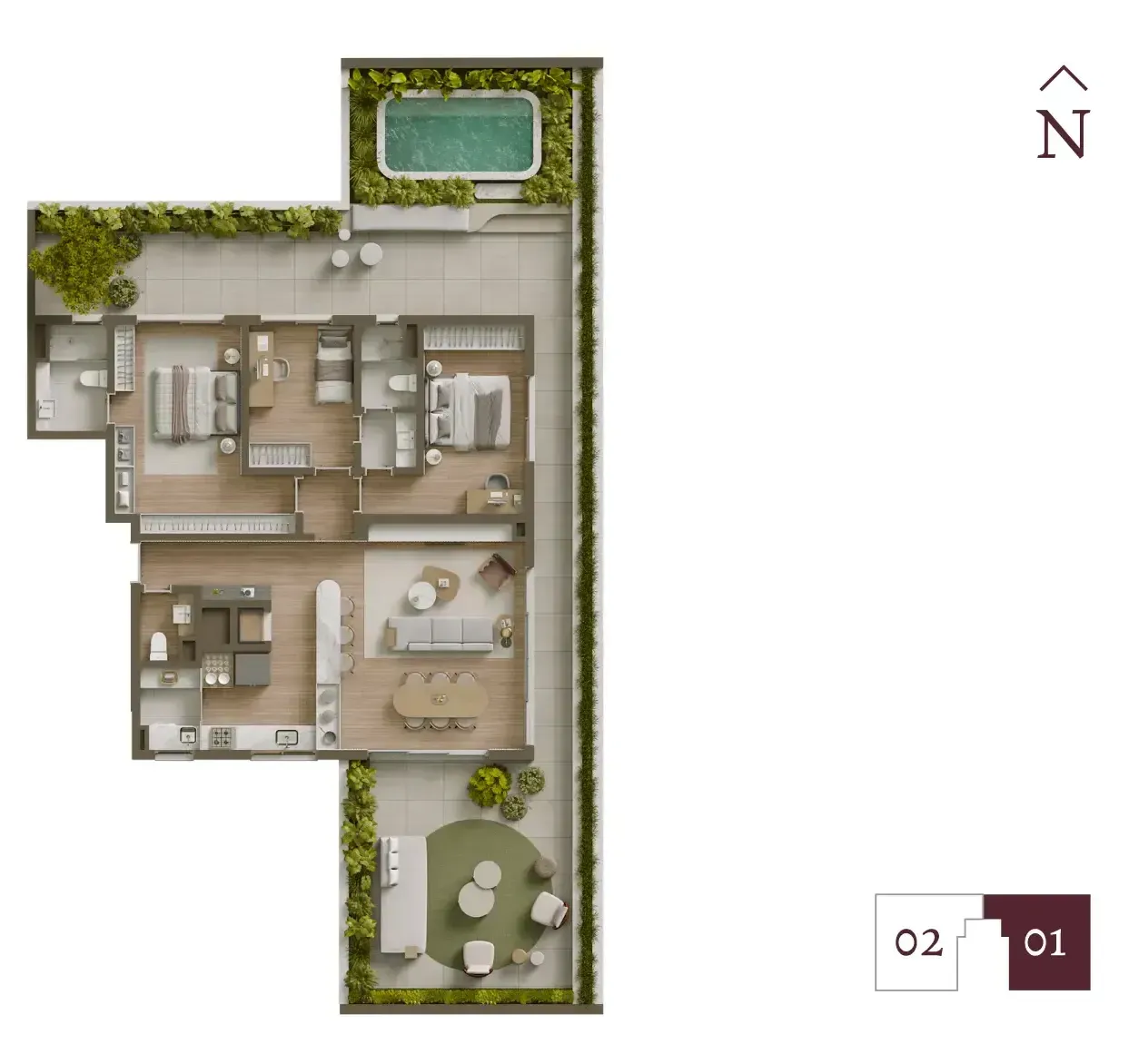 Uma planta baixa de uma casa com piscina