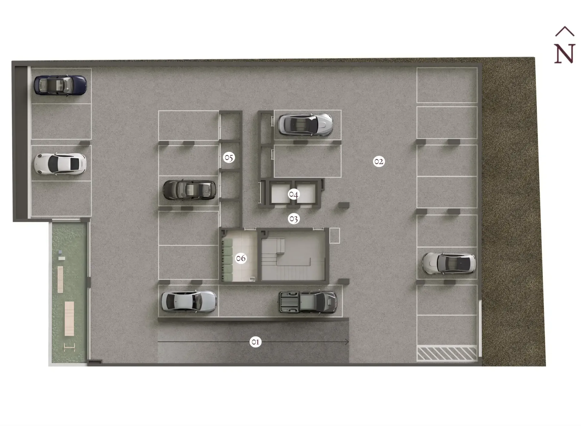 Uma planta baixa de uma garagem com carros estacionados nela