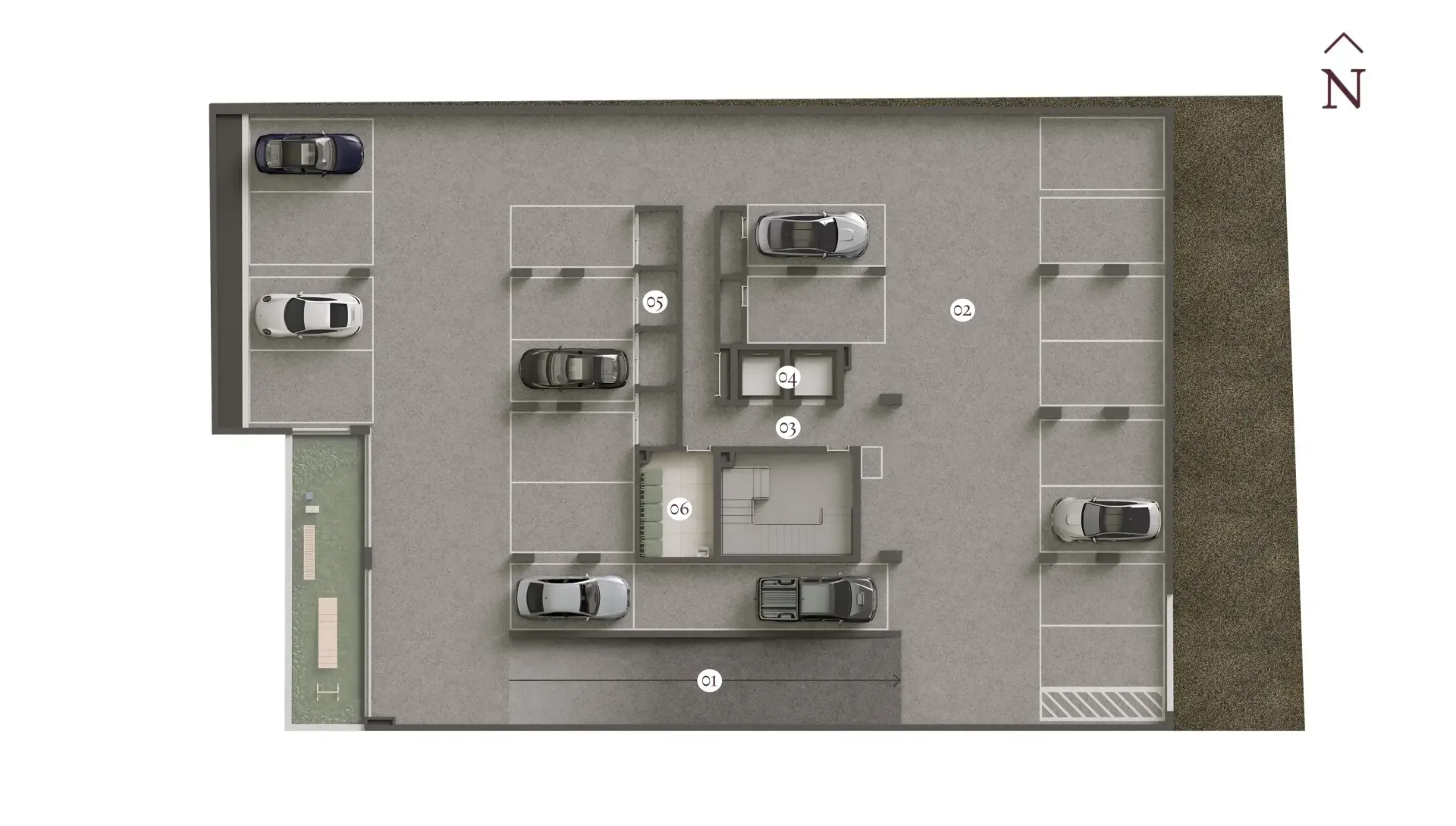 Uma vista aérea de uma garagem com carros estacionados nela.