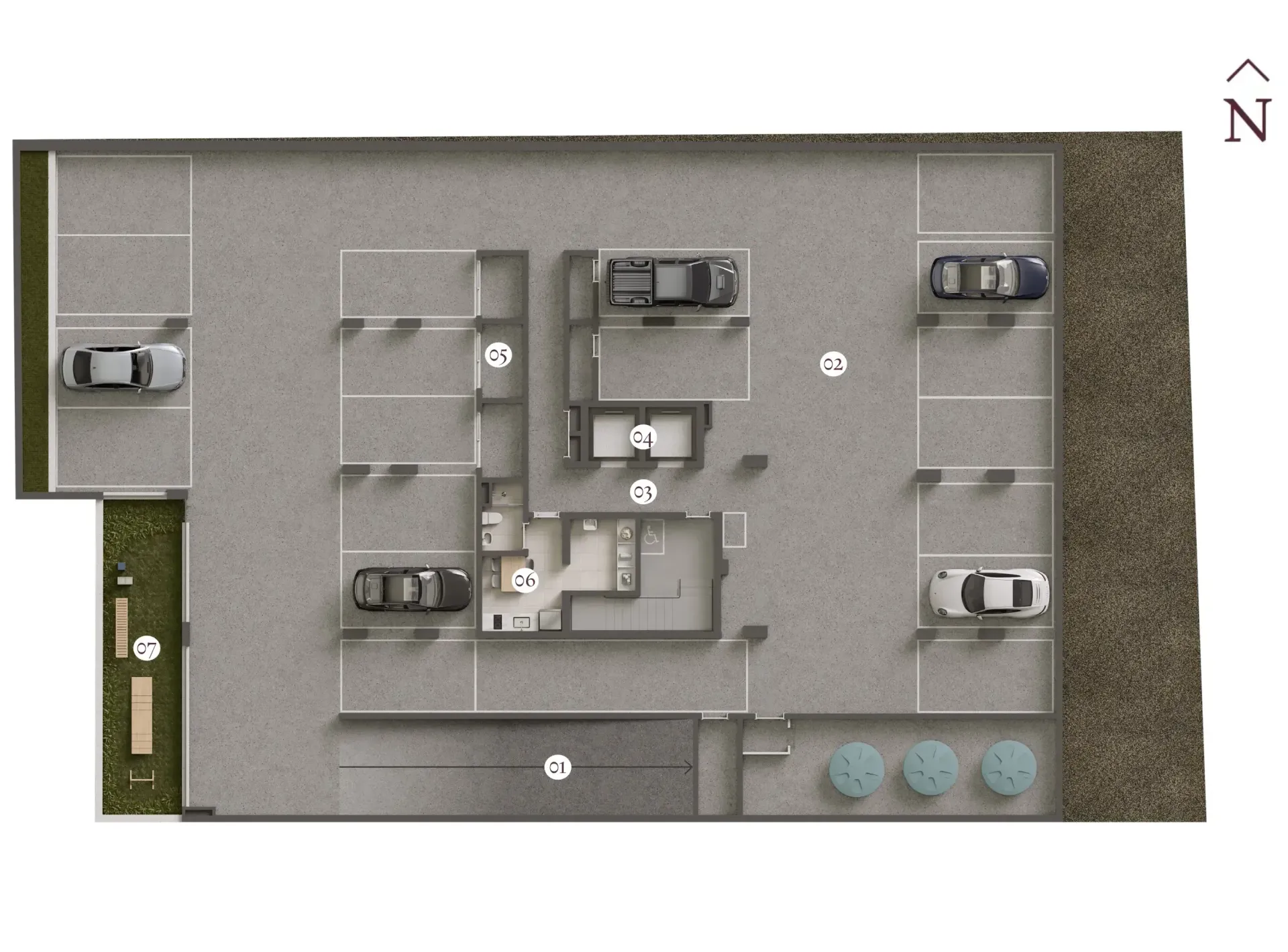 Uma planta baixa de uma garagem com carros estacionados nela