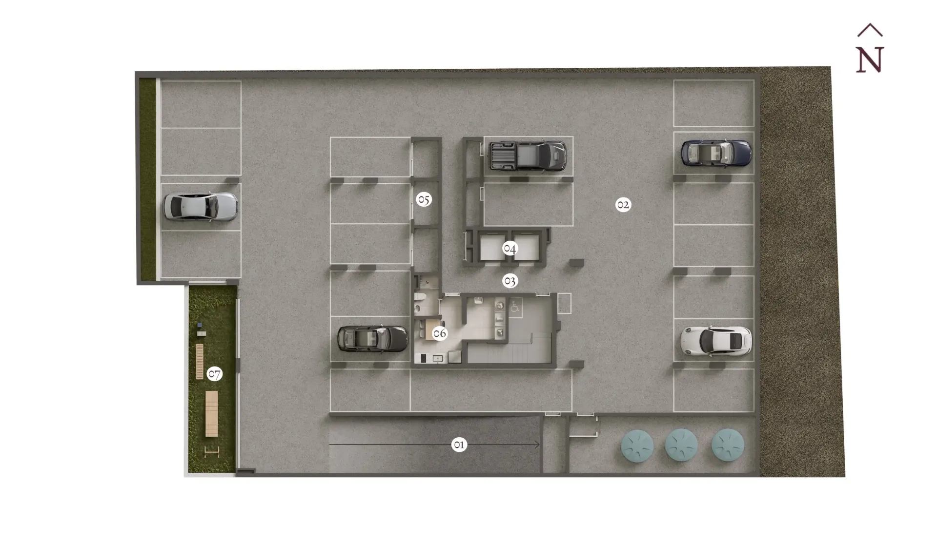 Uma vista aérea de uma garagem com carros estacionados nela