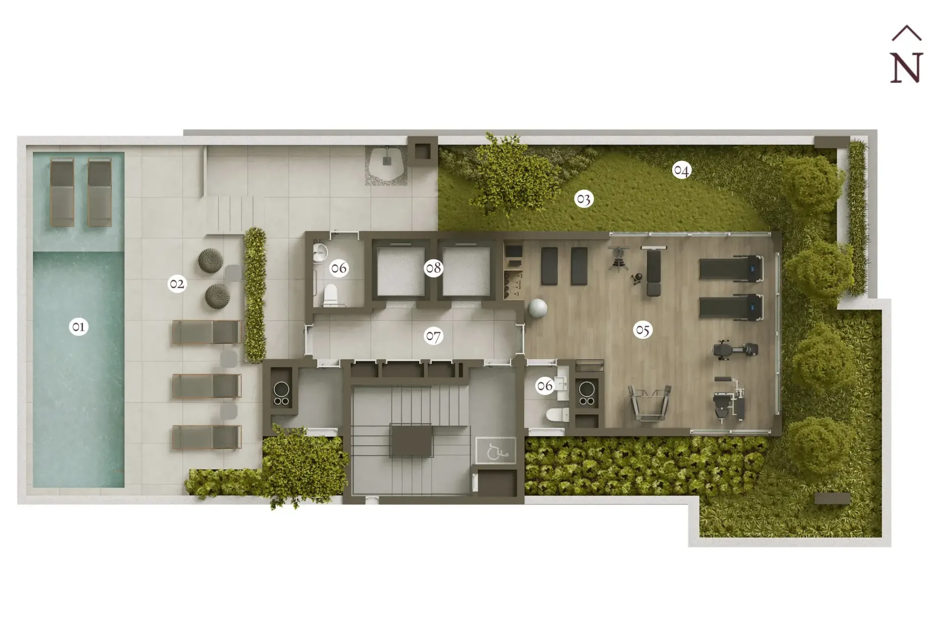 Uma planta baixa de uma casa com piscina