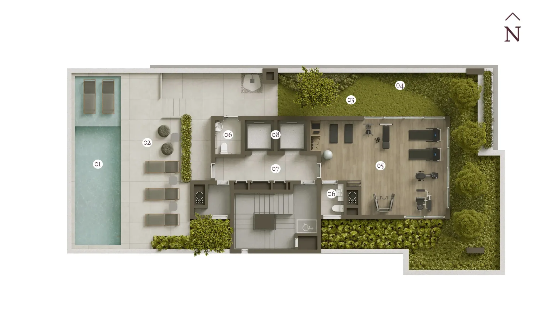 Uma planta baixa de uma casa com piscina e academia.