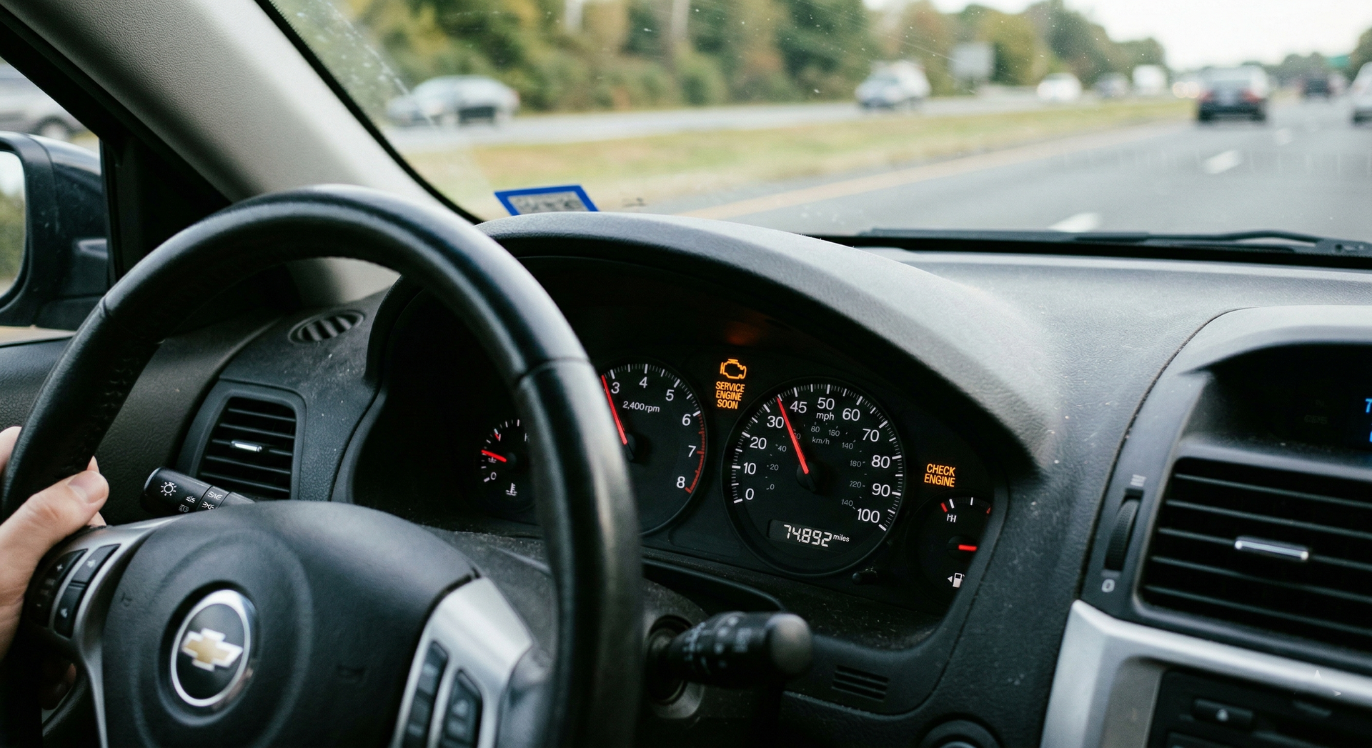 A driver's perspective from inside a Chevrolet car, showing the steering wheel and dashboard while driving on a highway.